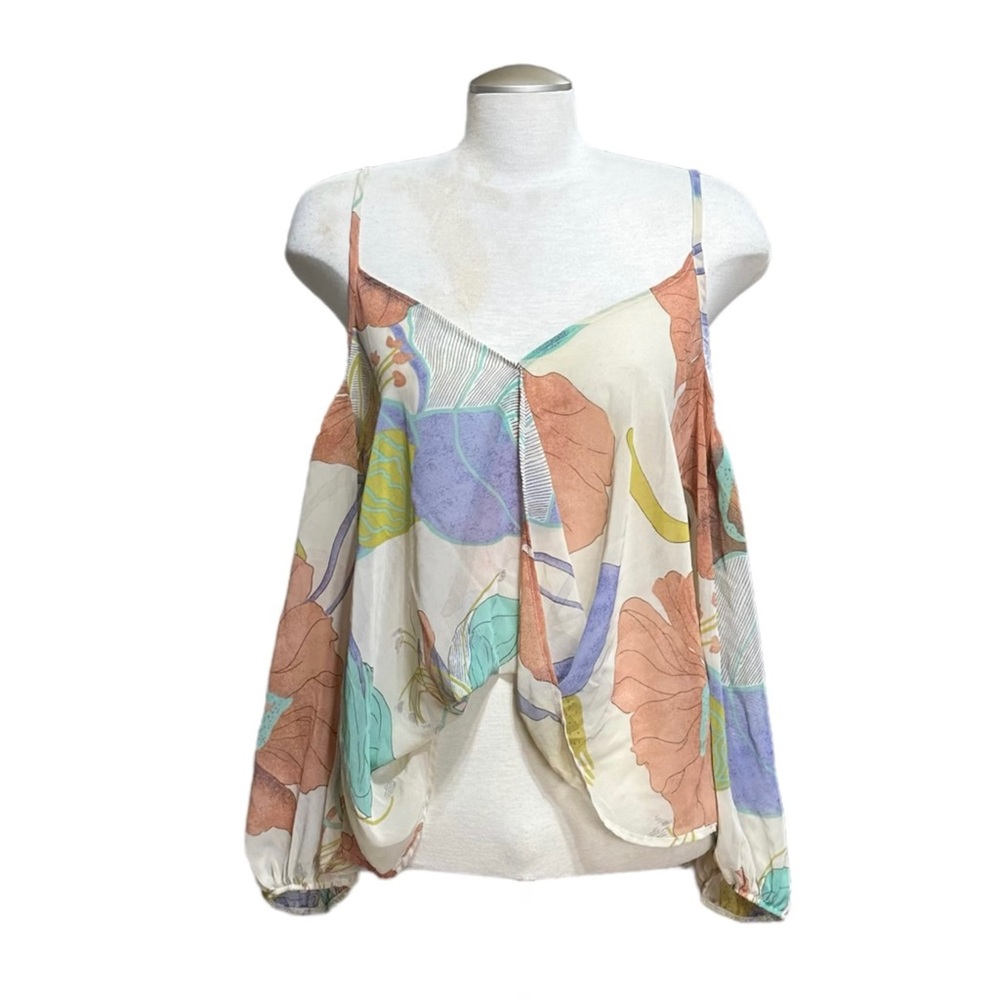 Audrey Floral Cross Front Balloon Cold Shoulder Sleeve Semi Sheer Crop Top Large